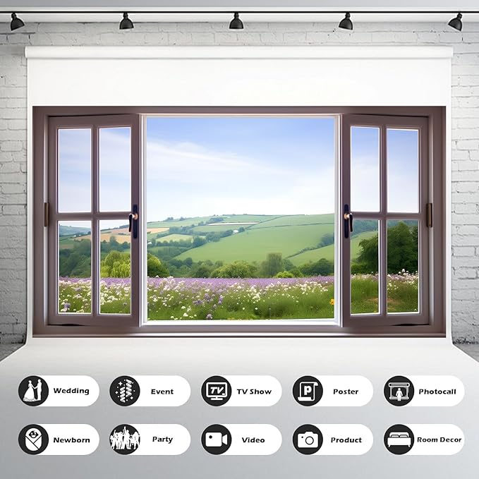 Window Scenery Photography Backdrop Open Window with View of Meadows and Fields Background Plants Flowers Background Party Banner Wall Decor Baby Kids Family Photo Shoot Props 10x6.5ft