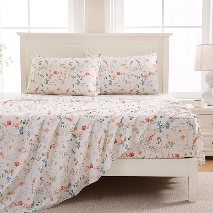 Zusbest Floral Bed Sheets Cal King Percale Cotton Orange Blue Flower Sheet Set Green Botanical Printed on White Patterned Deep Pocket Sheets, Crisp Soft Breathable for Hot Sleepers, California King