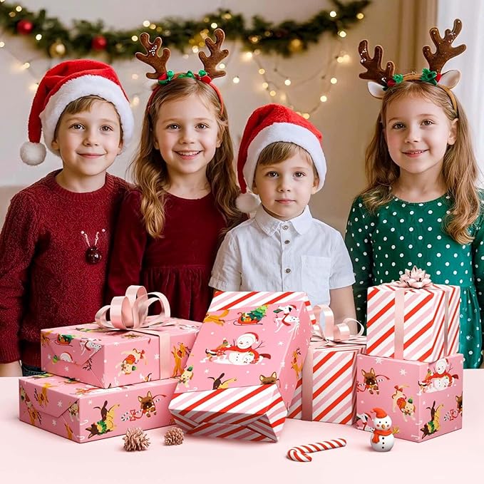 WERNNSAI Dog Christmas Wrapping Paper Roll - 1 Roll 17”x 33 ft Pink Dog Wrapping Paper Christmas for Kids Adults Reversible Red Candy Cane Stripe Gift Wrap for Xmas Winter Puppy Party Celebration