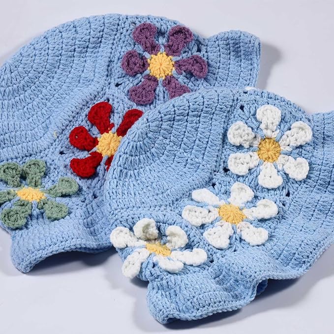 Crochet Bucket Hat for Women Flower Knit Hat Hollow Out Foldable Cap Hats