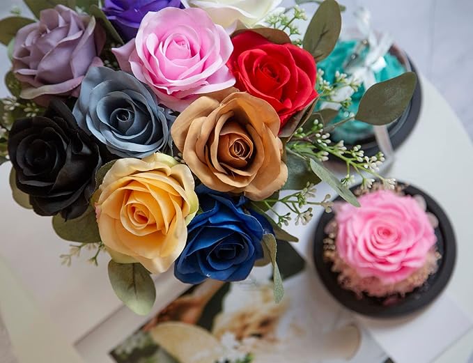 DuHouse 10pcs Fake Roses Artificial Silk Flowers Faux Rose Flower Long Stems Bouquet for Arrangement Wedding Centerpiece Party Home Kitchen Decor (Fall Purple)