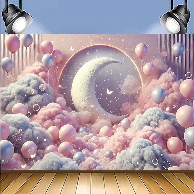 Dreamy Moon and Balloons Backdrop Pink Dreamy Balloon Moon Baby Birthday Decoration Kids Portrait Photo Backdrop Newborn Baby Photography Background (8x6feet)