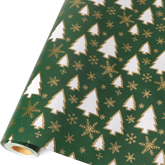 Ribbli Christmas Tree with Gold Snowflake Kraft Wrapping Paper Roll, Holiday Presents Decoration, Mini Roll - 17 Inch x 33 Feet Per roll