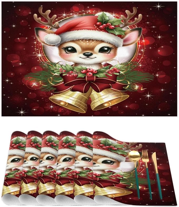 Christmas Xmas Bells Deer Placemats Set of 6 PVC Vinyl Non Slip Table Mats Heat Resistant Place Mats Washable Wipeable Dining Table Mat for Kitchen Decor Party Indoor Outdoor Decorative Gift