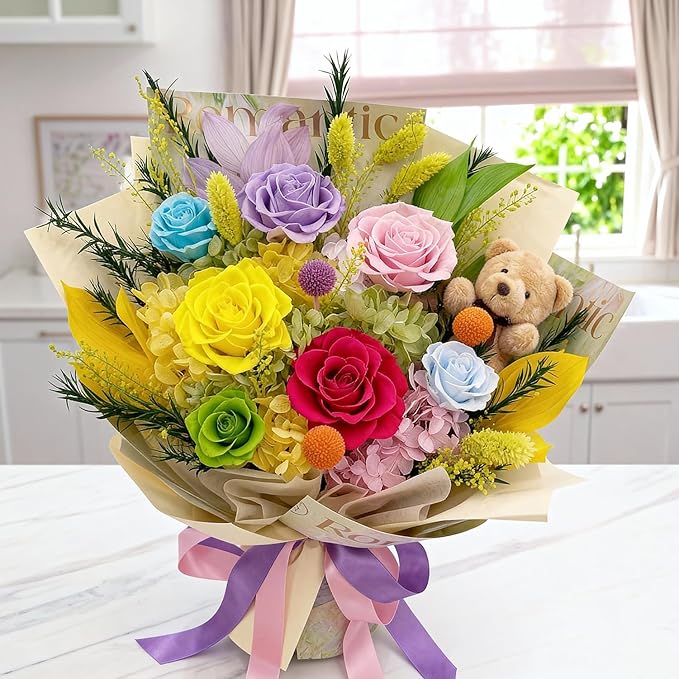 Preserved Bouquet with Bear: Big Flowers Big Love-Romantic Gifts for Her Wife Girlfriend Mom-Flowers for Delivery Prime on Christmas Valentines Day Anniversary Mothers Day (dopamine1)