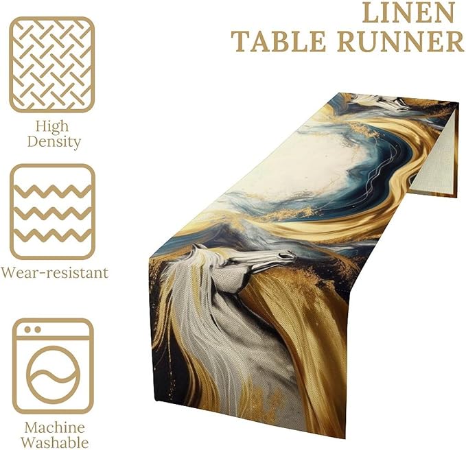 Marble Horse Table Runner, Dark Green Brown Marble Abstract White Horses Gold Natural Texture Dinner Runner Table Decoration for Home Kitchen Dining Holiday Party 13x108in