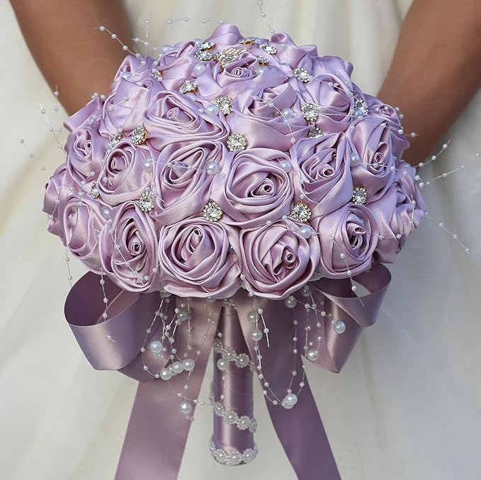 Bridal Wedding Bouquet Round Bling Brooch Bouquet Throw Toss Artificial Rose Flower Bunch for Bride Bridesmaid Wedding Quinceanera(Light Taro Purple, 8.7")