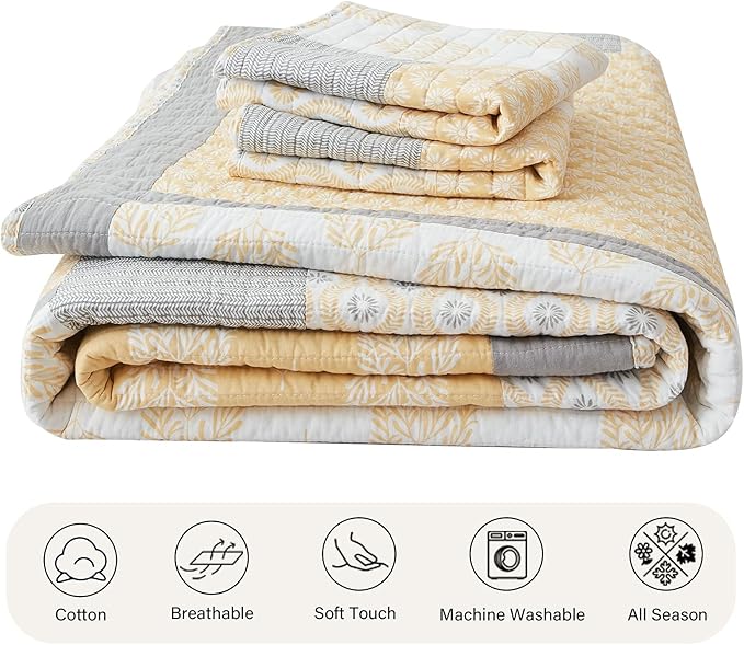 PANGUSHAN Quilt Set Queen Size,100% Cotton Queen Quilt Bedding Set Bedspread,Patchwork Yellow/Gray(Grey) Floral Reversible Quilt Set for Queen Bed,Lightweight Comforter Bed Spread,3 Pieces