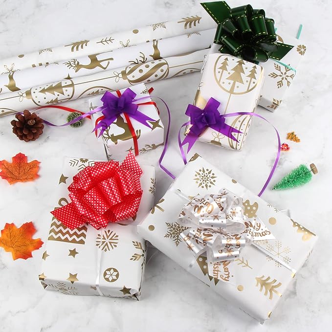 KIMOBER 4 Rolls Christmas Wrapping Paper with Cut Lines on Reverse,Coated Paper with Golden Christmas Elements(30in × 144in Per Roll)