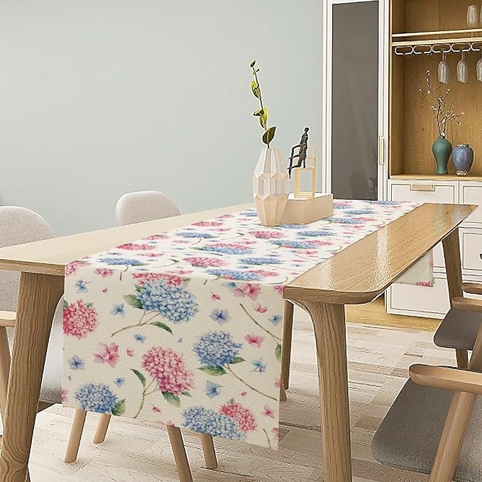 Hydrangea Table Runner, Spring Summer Watercolor Blue Floral Seasonal Country Farmhouse Coffee Table Center Decor for Home Kitchen Dining Patio Holiday Party Table Decorations 13x36 inches