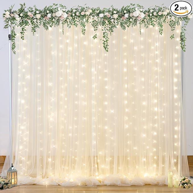 10ft x 10ft Champagne Tulle Backdrop Curtain with Lights String for Parties Wedding Bridal Shower Sheer Champagne Curtain Backdrop for Birthday Party Baby Shower Photo Booth Decorations