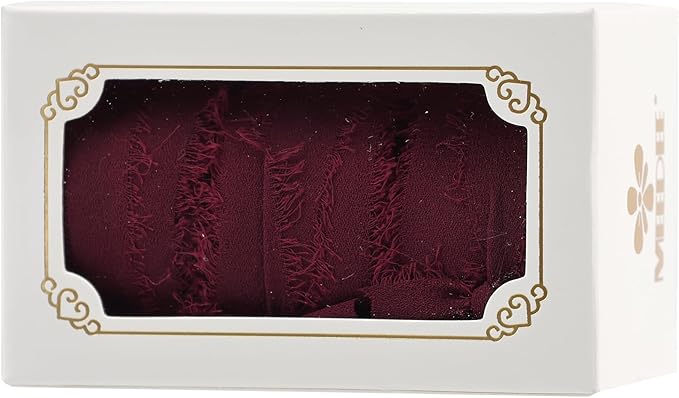 MEEDEE Burgundy Chiffon Ribbon 1 Inch Fringe Ribbons Dark Red Chiffon Silk Frayed Burgundy Ribbon Thin Chiffon Ribbons for Crafts, Gift Wrapping, Wedding Invitation (3 Rolls 21 Yards)