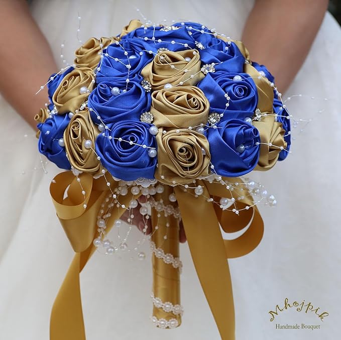 Bridal Wedding Bouquet Round Bling Brooch Bouquet Throw Toss Artificial Rose Flower Bunch for Bride Bridesmaid Wedding Quinceanera(Royal Blue & Gold, 6.3")