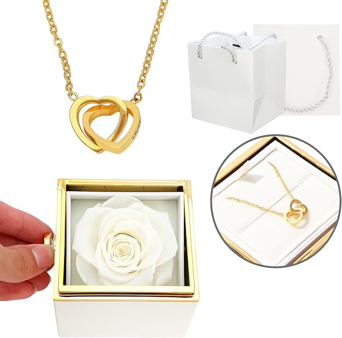 ‌TINGKU Eternal Real Rose Gift Box for Women, Preserved Rose with Customized Name Engraved Heart Necklace, Personalized Romantic Gift for Wife, Girlfriend, Mom, Mother's Day Love Keepsake