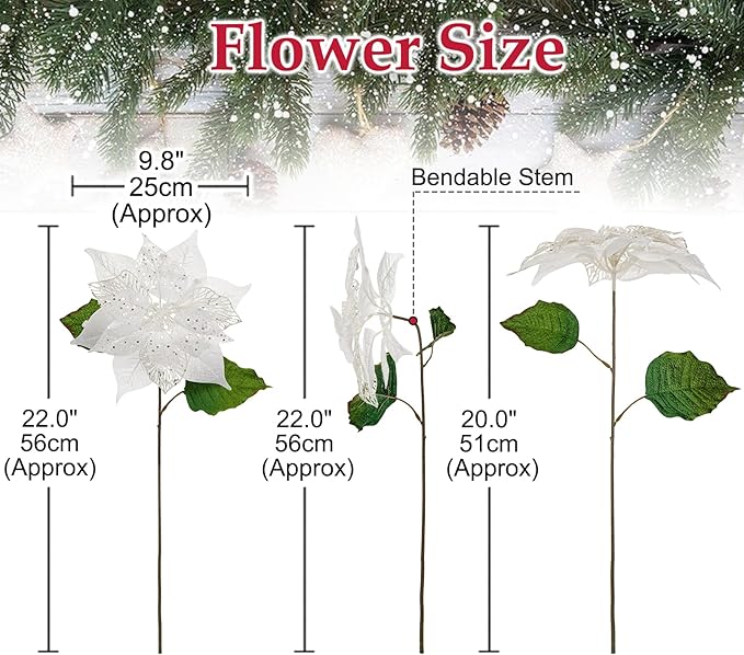 10" Poinsettia Flower Artificial for Christmas Tree Decor, 3 Pcs Faux Glitter Poinsettias Stems for DIY Xmas Wreath & Garland, Christmas Ornaments for Home Party, Holiday & Wedding Decorations, White