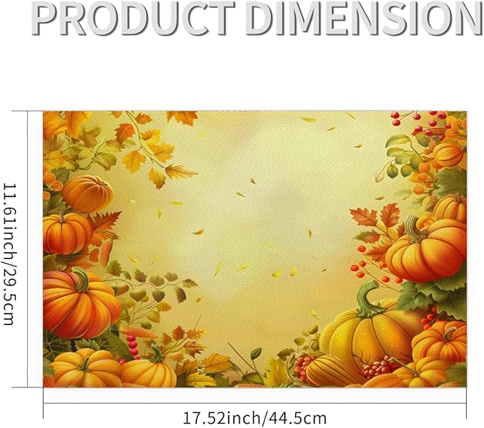 Thanksgiving Fall Yellow Pumpkin Placemats Set of 6 PVC Vinyl Non Slip Table Mats Heat Resistant Place Mats Washable Wipeable Dining Table Mat for Kitchen Decor Party Indoor Outdoor Decorative Gift