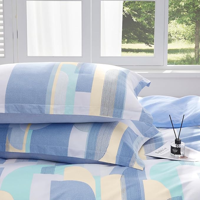 SAPHREAS Blue Geometric Pattern Duvet Cover Set 3pcs Queen Size 100% Cotton Colorful Blocks Bedding Comforter Cover Set 1 Duvet Cover 2 Pillow Cases