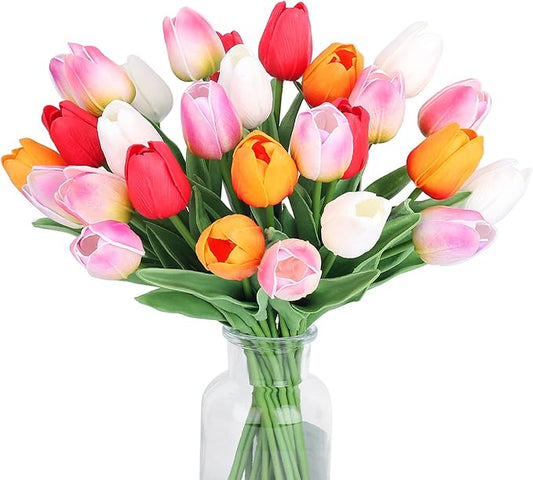 20pcs Tulips Artificial Flowers for Real Touch Fake Tulips Slik Faux Flowers for Summer Wedding Bouquet Mother's Day Decor (5 Color 14 Inches)