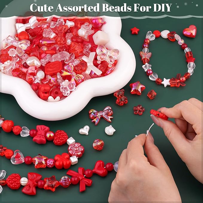 Assorted Acrylic Beads, 200-260PCS Red Cute Beads for Bracelet Making, GummyBear Bow Flower Candy Kawaii Charms for Jewelry Making DIY Necklace Keychain Phone Charm Christmas Gift