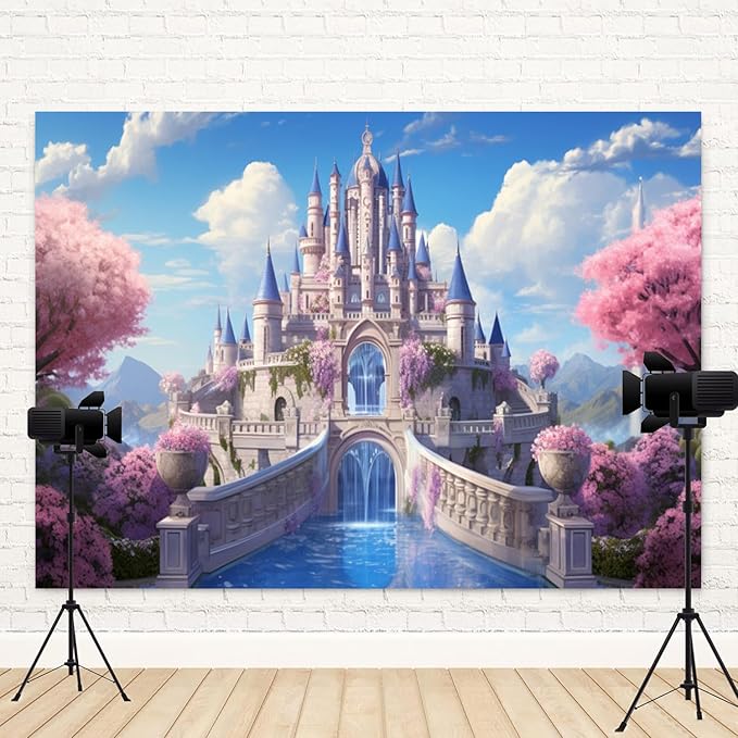 12x10ft Princess Castle Backdrop Pink Floral Blue Sky Photography Background White Cloud Forest Mountain Girls Birthday Baby Shower Banner Decorations Wedding Party Portrait Photo Booth Prop