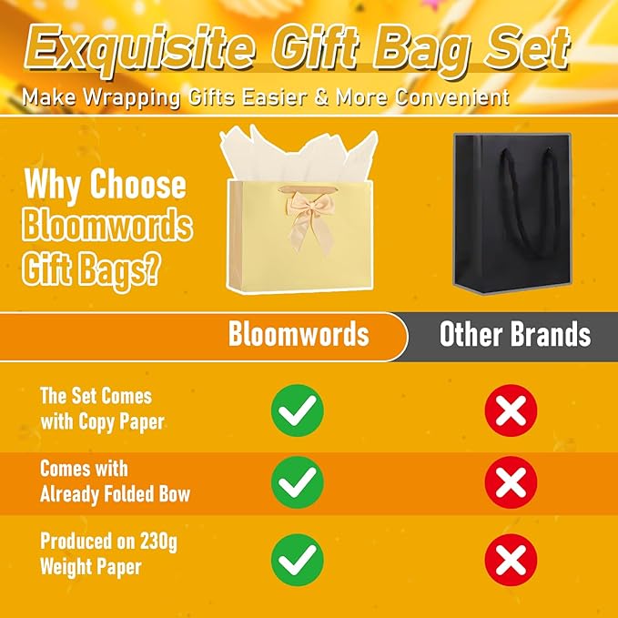 Bloomwords 13" Gold Gift Bag Set - 1 Large Paper Bag with Bow, Greeting Card & 2 Tissues, Sturdy Handles for Birthdays, Party & Special Occasions