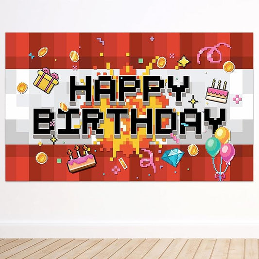 Pixel Happy Birthday Backdrop, 150x90cm/4.92x2.95ft Video Game Themed Banner Party Decoration Pixel Birthday Backdrop for Boys Girls Party Supply