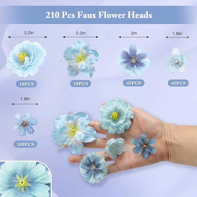 210Pcs Mini Fake Flower Heads Blue Small Silk Faux Flower Heads Artificial Rose Daisy Multicolor Flowers Bulk for Cake Crafts DIY Graduation Cap Wedding Hair Dresses Wreath Party Home Decor