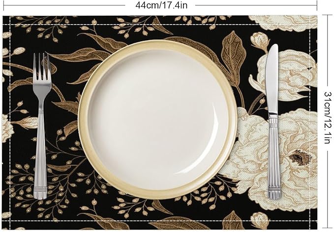 Black Gold Floral Placemats Set of 4, 17x12 Inch Abstract Vintage Rustic Flower Botanical Aesthetic Art Print Table Mats for Home Party Kitchen Dining Decor