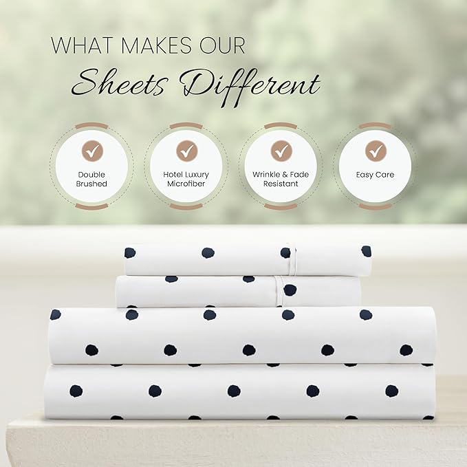 Linen Market Patterned Microfiber King Sheet Set 4 Piece – Oeko-TEX Certified Ultra Soft & Wrinkle-Free - 16" Deep Pocket Sheets - Easy Care King Size - Dots Navy
