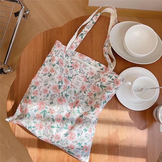 Cotton Canvas Tote Bag Reusable Soft Grocery Cloth Bag Floral Shoulder Bag for Beach Travel Shopping