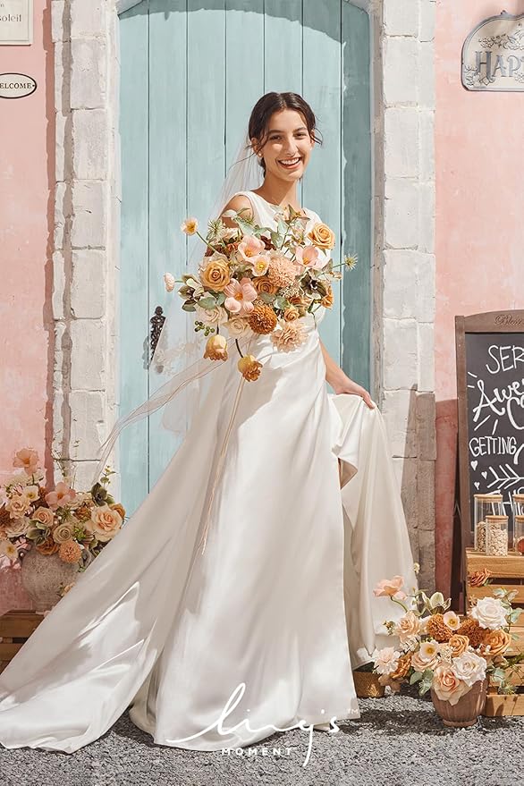 Ling's moment Peach Wedding Bouquets for Bride, Apricot Bridal Bouquets for Bride,15 Inch Free Form Artificial Wedding Flower Bouquet