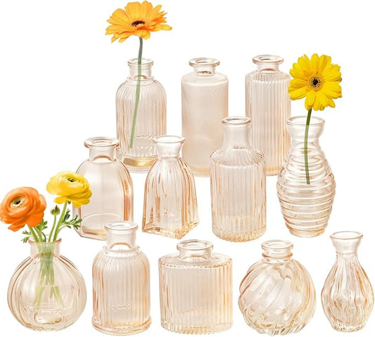 Champagne Bud Vases Set of 12 Amber Glass Vase for Decor Centerpieces, Small Ribbed Vases for Flowers Stripe Modern Bud Vases in Bulk Vintage Vases for Floral Wedding Party Table Decoration Home Decor