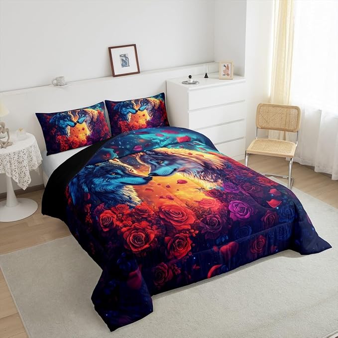 Wolf Comforter Set Twin Size,Wild Animal Print Couple Theme Reversible Bedding Set for Kids Boys Men,Romantic Red Rose Flowers Watercolor Galaxy Quilted Duvet Set with 1 Pillowcase