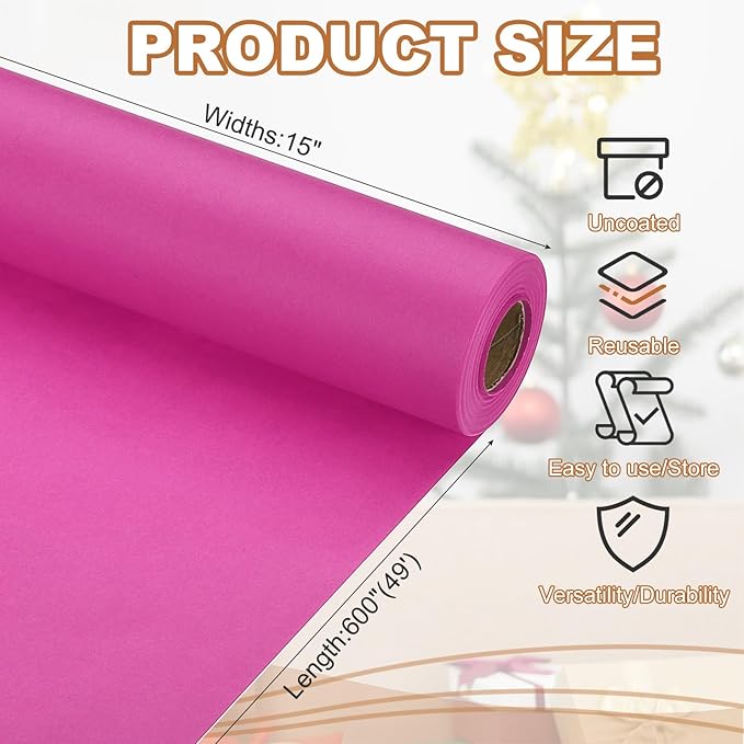 PATIKIL Wrapping Paper, 15" x 600"(49') 70 GSM Craft Paper Roll Kraft Packing Paper for Poster Bulletin Board, Gift Wrapping, Rose Pink