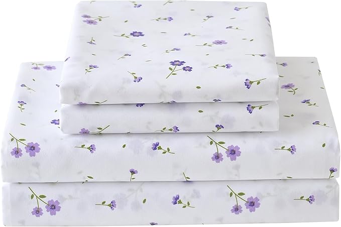 Softan Floral Queen Sheet Set Purple Flower Bed Sheets Printed Queen Size - 4 Piece Microfiber Patterned Fitted Sheets with 15" Deep Pocket, Spring Flower Sheets and Pillowcase Set