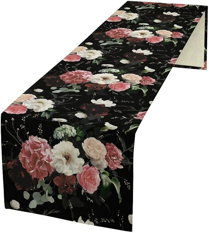 Floral Table Runner,Vintage Gothic Flowers Plant Prints Table Runner for Home Kitchen Table Decor Dining Coffee Room Party Decor 13x120 Inch