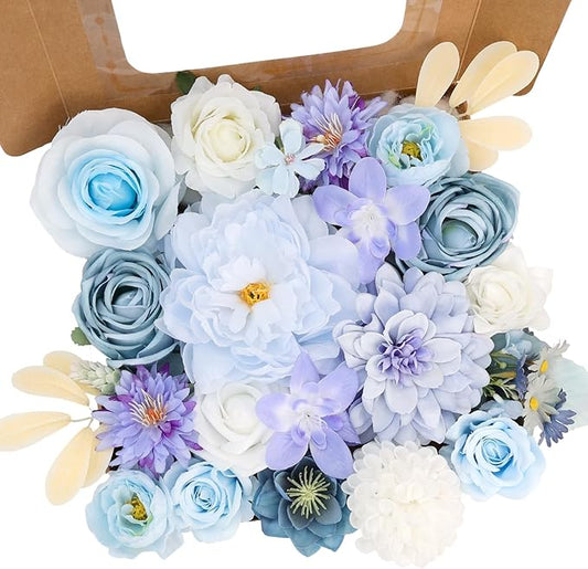 SwanMoon Artificial Flowers Combo Box Set, 26pcs Blue Silk Roses & Daisy with Stems for DIY Wedding Bouquets, Party Centerpieces & Home Decor