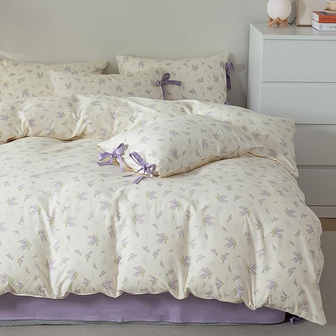 HighBuy Lilac Garden Floral Comforter Set Twin XL with 2 Bow Tie Pillowcases Soft Comfy Purple Floral Botanical Boho Comforter Set Coquette Bedding Set,Bed Set Twin XL