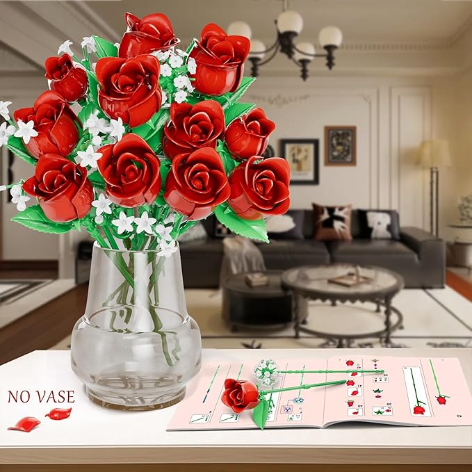 Flowers Bouquet Building Sets for Adults, for Her and Him Mother's Day Valentines Birthdays Gift, Botanical Collection DIY Rose Toy Kit, Home Office Decor