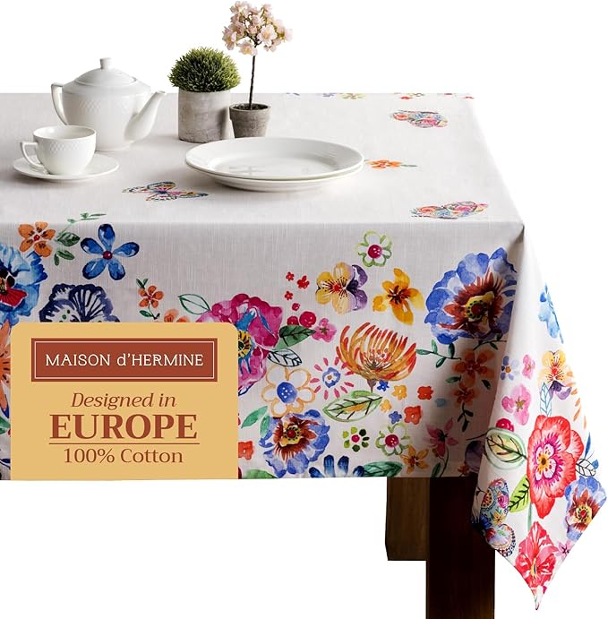 Maison d' Hermine Table Cloth Rectangle Table 100% Cotton 70 x 90 Inches Tablecloth Reusable for Dining Room, Farmhouse, Home, Party, Festive & Wedding Spring Summer - Happy Florals - High Summer
