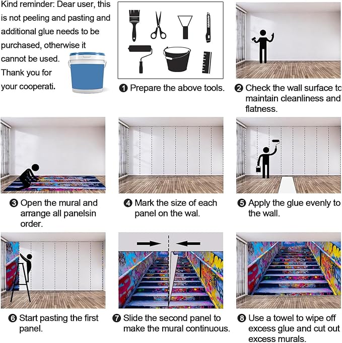 Graffiti Staircase Wall Mural, Urban Street Art 3D Wall Murals, Modern Hip-Hop Colorful Graffiti Steps Wallpaper Mural, for Living Room Bedroom Large Wallpaper Indoor Decor 137.8" W x100 H