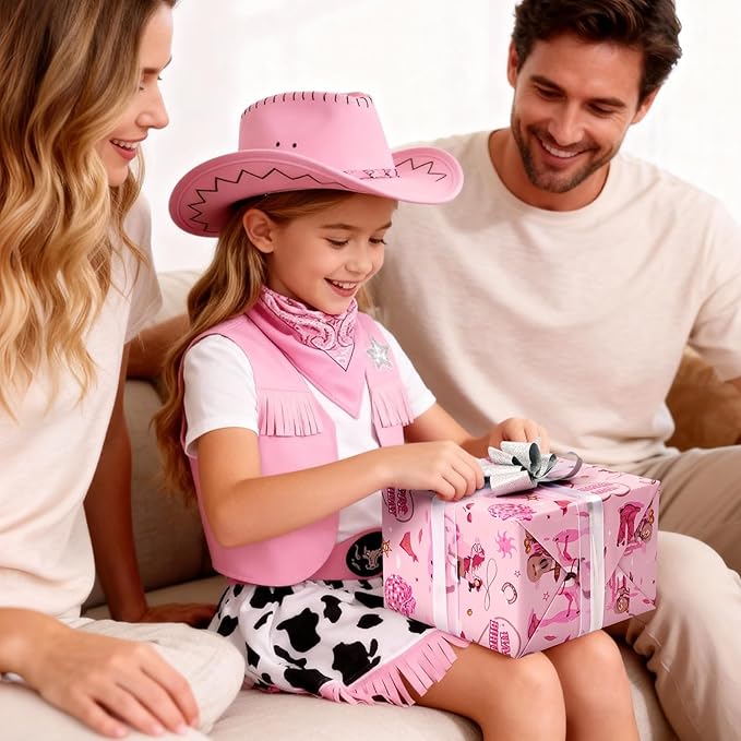 WERNNSAI Pink Cowgirl Wrapping Paper Roll - 1 Roll 17”x 16.4ft Western Gift Wrapping Paper Wild West Girl Gift Packing Favor for Kids Girls Birthday Party Reversible Cow Pattern Design