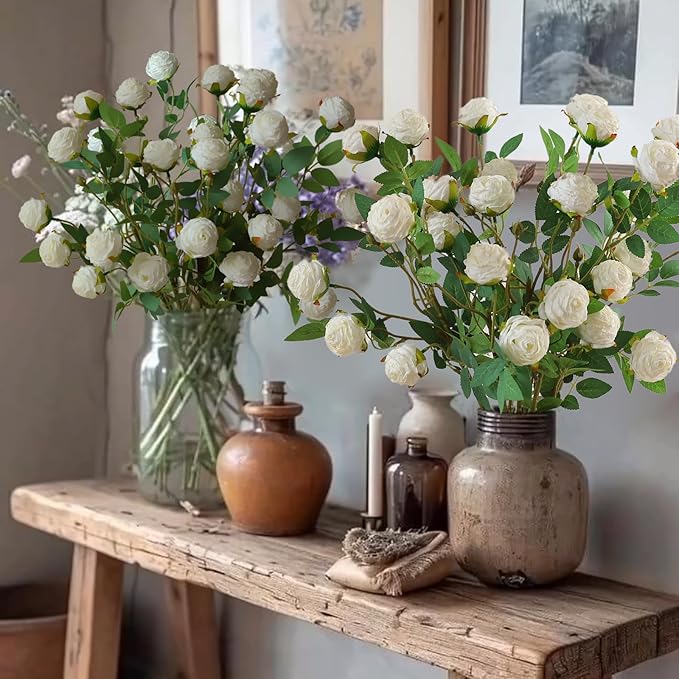 CHIAVE 8pcs 24 Flower Buds Artificial Vintage Roses Fake Silk Rose Flowers with Long Stem for DIY Bouquets Wedding Centerpiece Party Home Kitchen Shorp Decoration-White