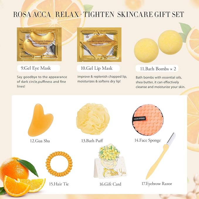 Orange 23 Pcs Facial Skin Care Set for Women & Men, Bath and Body Kit, Spa Gift Baskets, Birthday Gifts For Women, Cream, Serum, Face Oil, Sheet Mask, Clay Mask, Christmas, Valentines, Mother Day