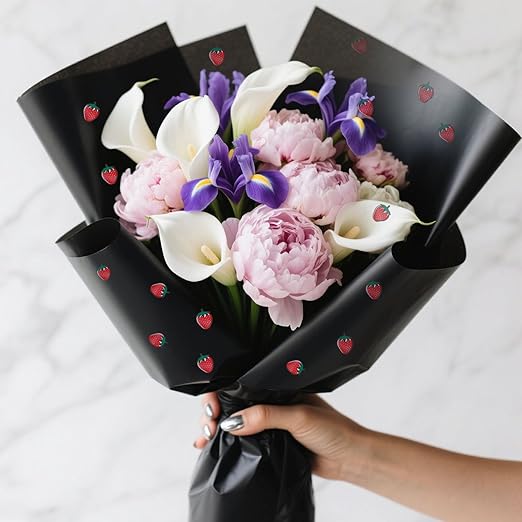 20 Sheets Bouquet Wrapping Paper, 22.4Inch Black Strawberry Pattern Flower Floral Wrapping Paper Black Floral Paper for Bouquets Kit, Waterproof Decorations with Ribbon for DIY Crafts Wedding Birthday Party