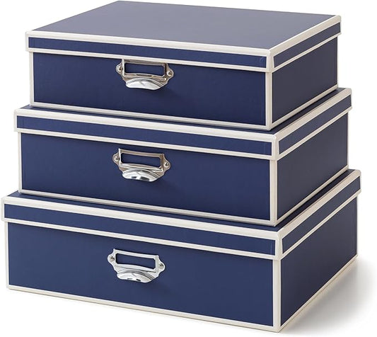 Soul & Lane Decorative Cardboard Storage Boxes with Lids and Label Holders - Set of 3, Memory Boxes for Keepsakes, Office Photo Storage for Pictures, Photo Albums, Documents, Stationery, Heritage Blue