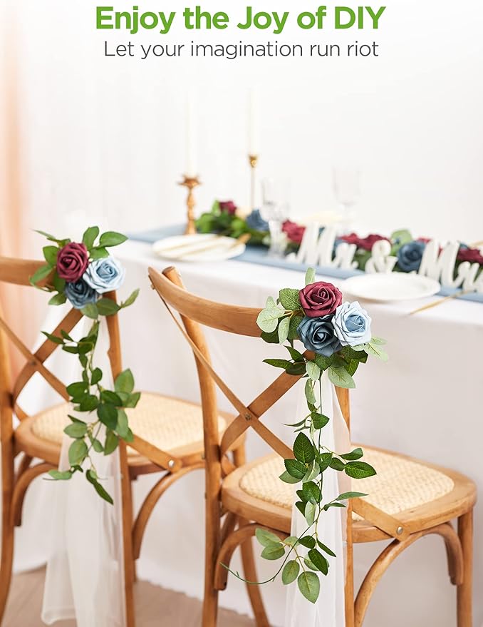InnoGear Artificial Flowers, 50 Pcs Burgundy Foam Fake Roses Bulk with Stems for Decoration DIY Wedding Bouquets Centerpieces Bridal Shower Party Christmas Tree