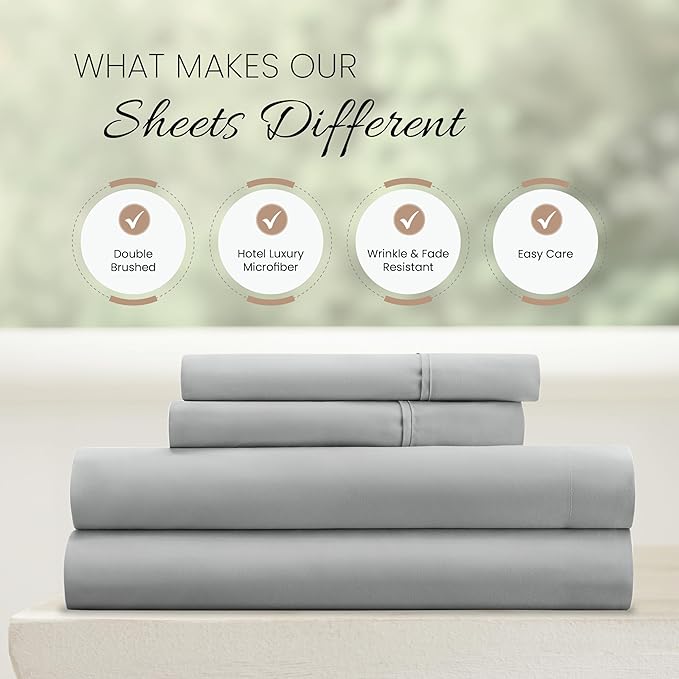 Linen Market Brushed Microfiber Queen Sheet Set 4 Piece – Oeko-TEX Certified Ultra Soft & Wrinkle-Free - 16" Deep Pocket Sheets - Easy Care Queen Size - Light Gray