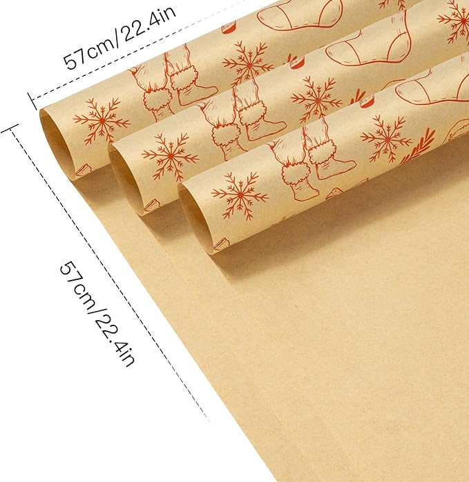 LeZakaa 20 Sheets Kraft Christmas Flower Wrapping Paper, Red Santa Sketch on Kraft Floral Bouquet Paper Gift Wrap for Christmas, Winter Holiday Party Packaging