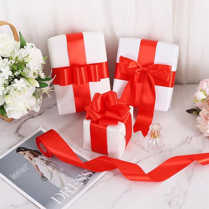 TONIFUL 2 Inch x 25 Yards Wide Red Satin Ribbon Solid Fabric Ribbon for Gift Wrapping Crafts Chair Sash Eternal Flower Invitation Cards Hair Bows Sewing Party Wedding Decoration